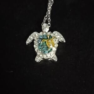 Gold Blue Sea Turtle Necklace Mom Baby Rhinestones Christmas Birthday Gift NEW!!